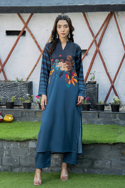 Deep blue 2-piece dress set with floral center panel and striped sleeves, front view