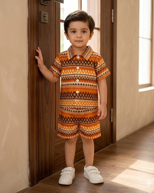 Boys boho geometric short set: orange-brown button stand collar shirt and elastic waist shorts