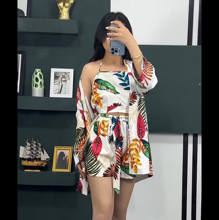 Floral printed nighty set with robe and shorts, white base with colorful tropical leaves