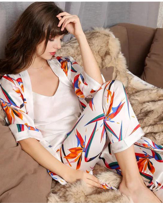 White satin V-neck cami top with colorful tropical floral robe, relaxed lounge set