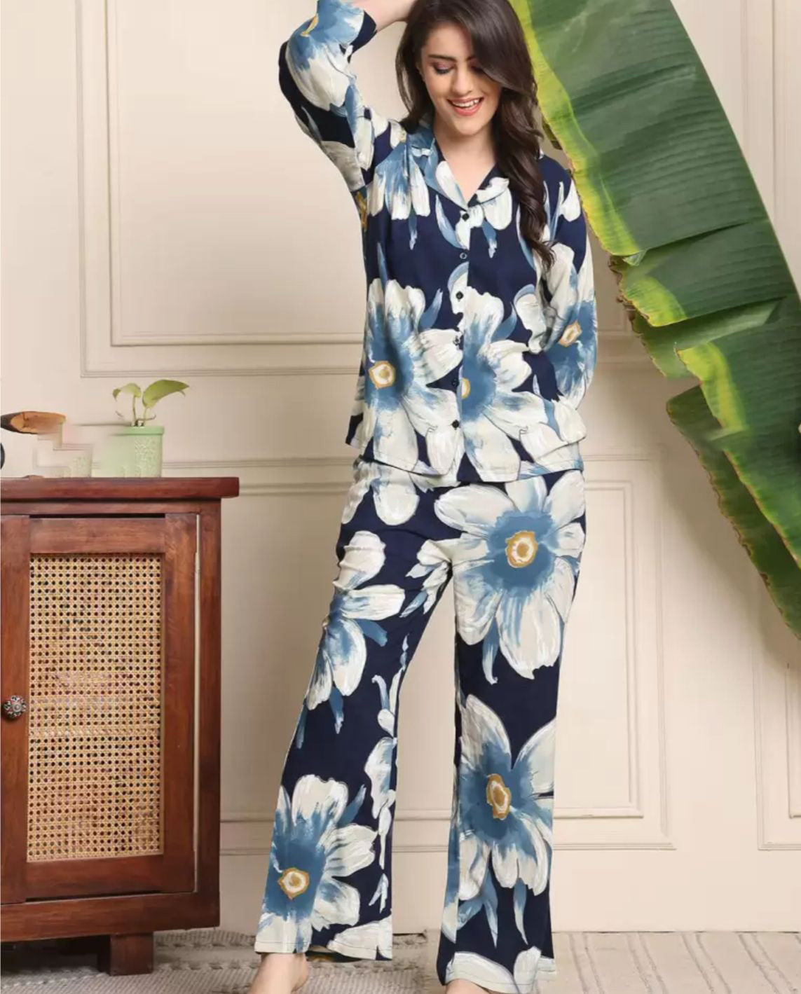 Floral co-ord set with navy shirt and matching trousers, large blue-and-white flowers