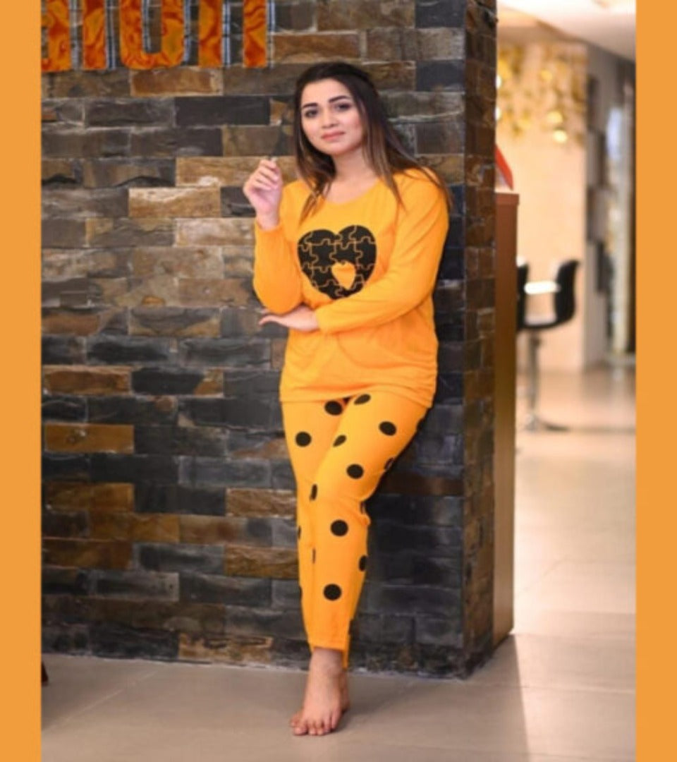 Yellow heart night dress set, long sleeves, orange with heart puzzle print