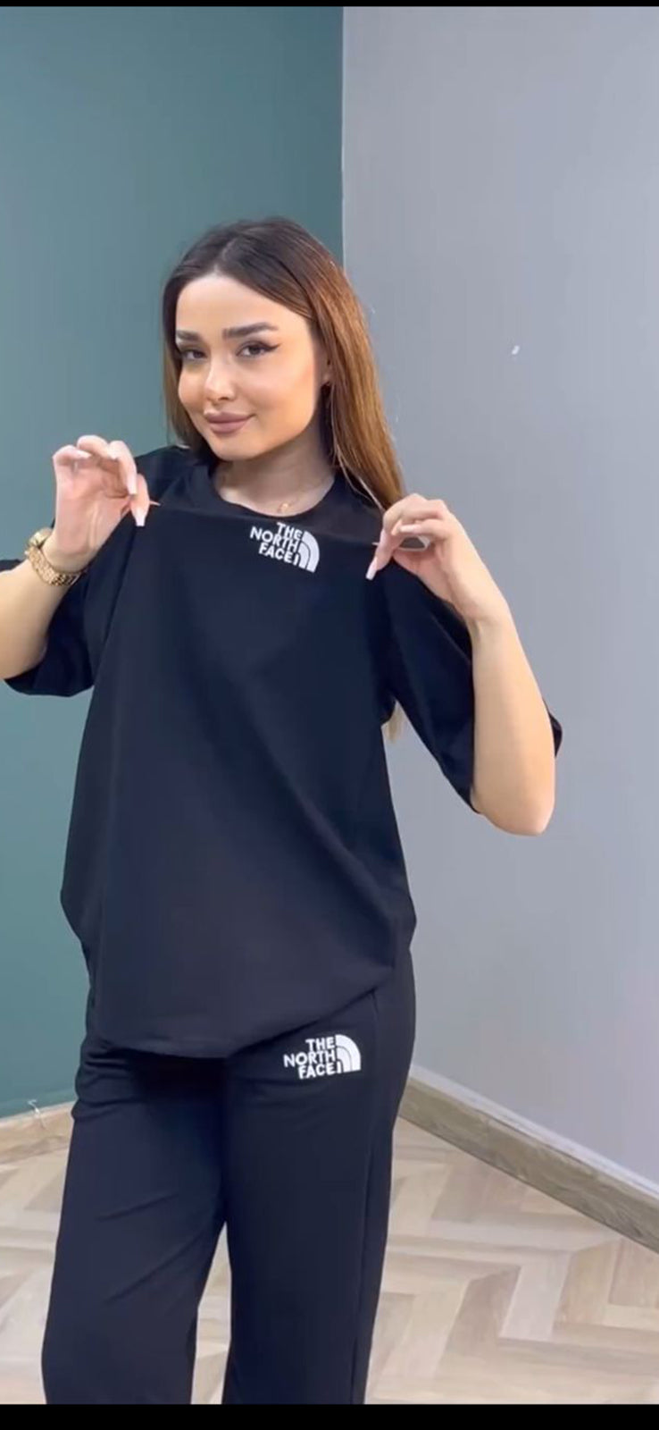 Black two-piece co-ord set: short-sleeve T-shirt and matching jogger pants