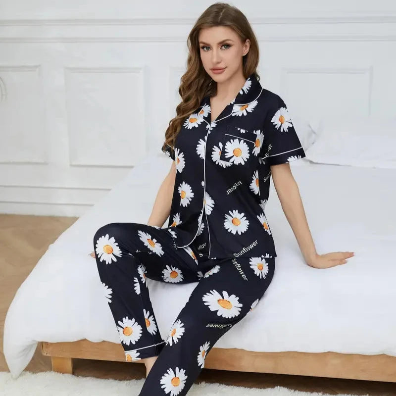 Women's sunflower printed co-ord set: short-sleeve button shirt and long pants
