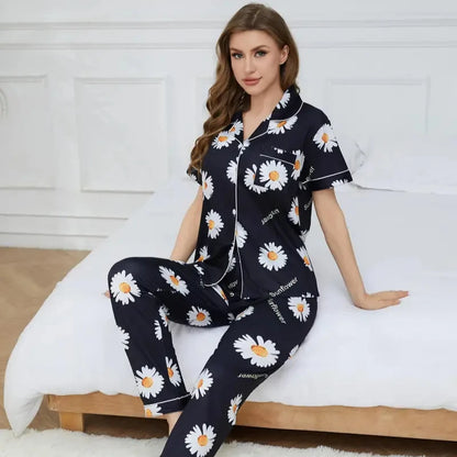 Women's sunflower printed co-ord set: short-sleeve button shirt and long pants