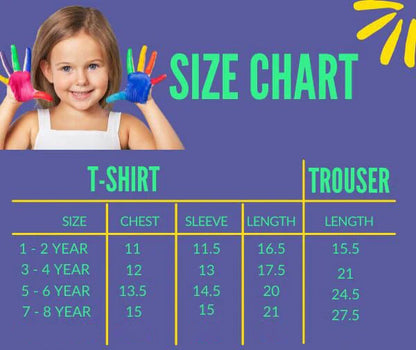 Size chart showing T-shirt and trouser measurements for ages 1–8 years