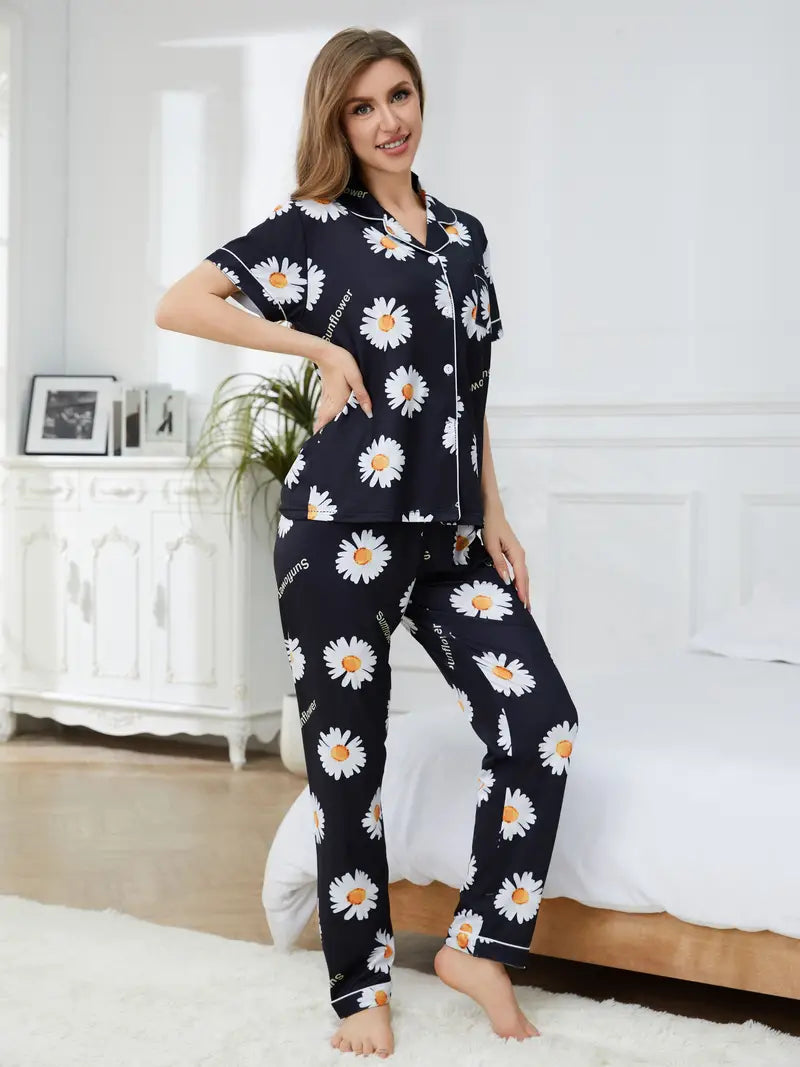 Women's sunflower printed button-front half-sleeve top and long pajama pants set