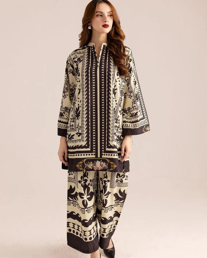 Printed tunic and cropped pants co-ord set in cream and dark floral border design