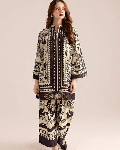Printed tunic and cropped pants co-ord set in cream and dark floral border design