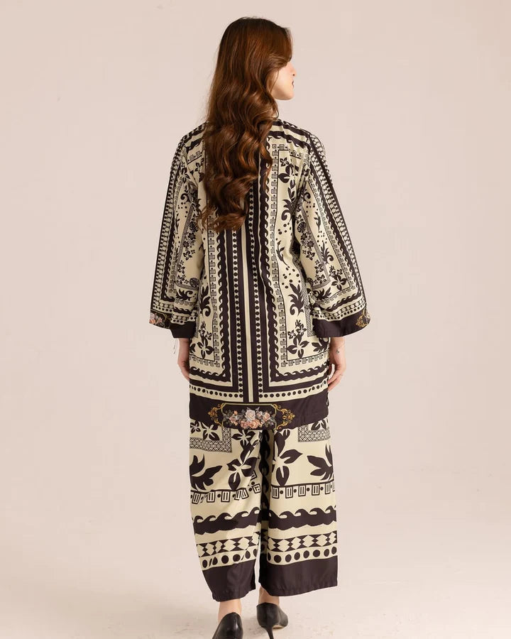 Printed co-ord set with long-sleeve tunic and cropped pants, dark vertical stripe and floral