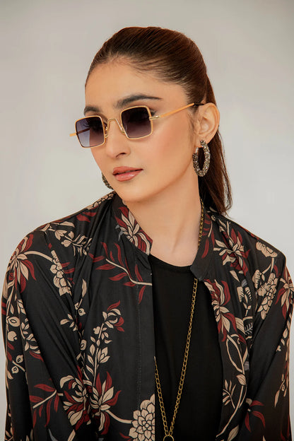 Floral black outfit set with long jacket, black top, and matching pants