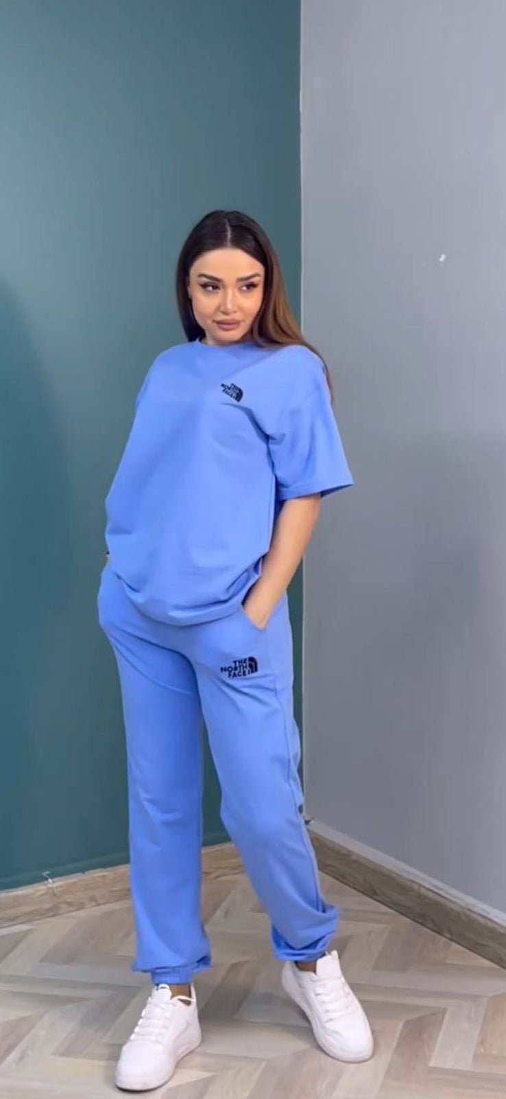 Light blue two-piece co-ord set: relaxed short-sleeve T-shirt and jogger pants