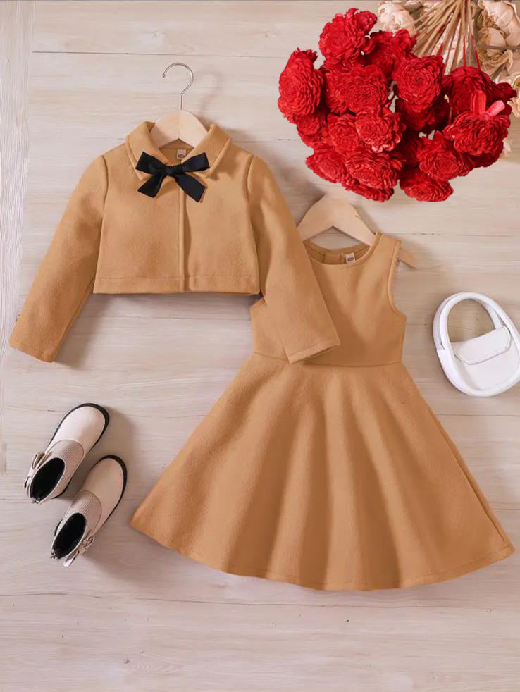 Little Grace camel 2-piece set: jacket with black bow and matching sleeveless dress