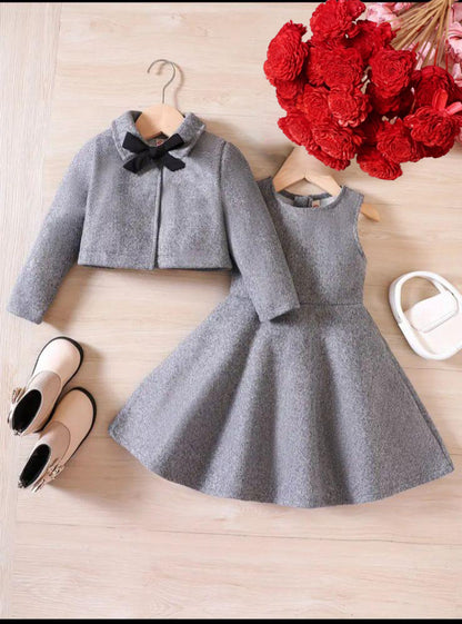 Grey two-piece girls outfit: cropped jacket and flare dress with bow