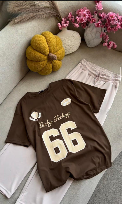 Brown oversized T-shirt and light pants set, graphic 66 front, elastic waist