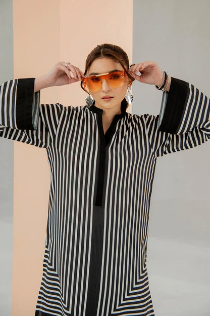 Striped crepe tunic co-ord set with black-and-white vertical lines and long sleeves