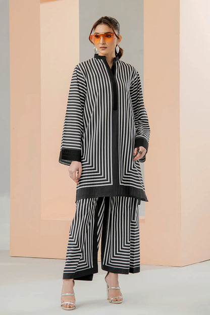 Black-and-white striped crepe tunic with matching wide-leg pants, long sleeves and tie neck