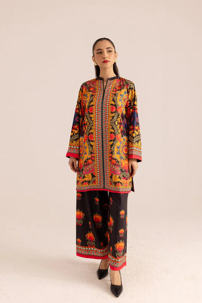 Women's printed tunic and wide-leg pants set, round neck, long sleeves, red trim