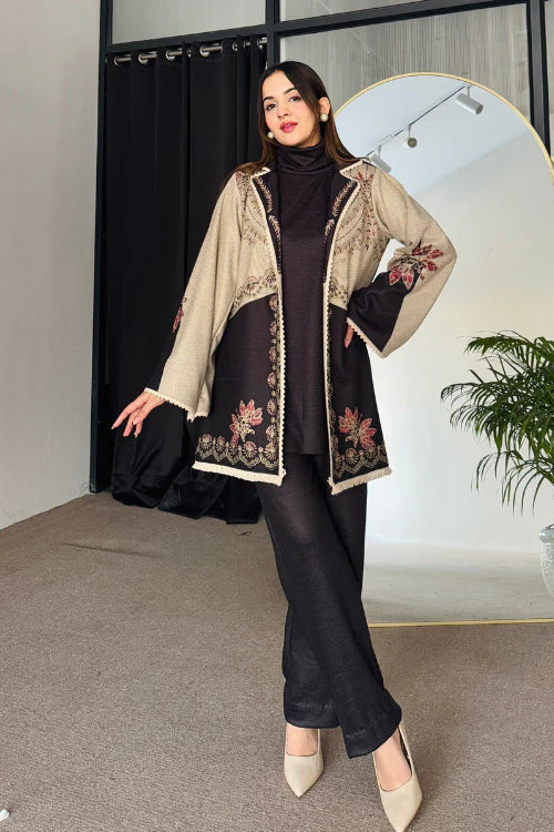 3-piece set: dark embroidered dress with beige kimono-style outer layer and black pants