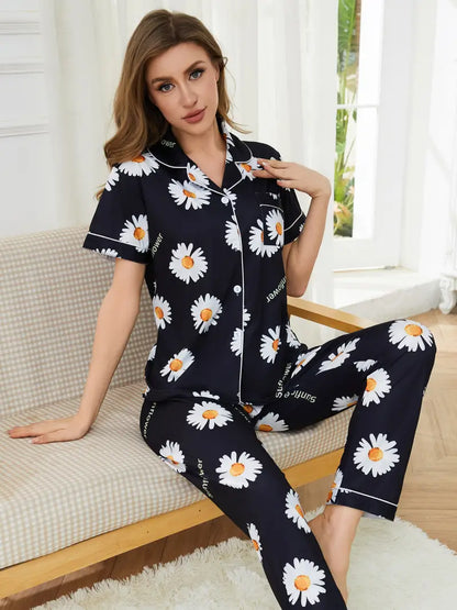 Women's sunflower printed co-ord set with short-sleeve button shirt and long pants