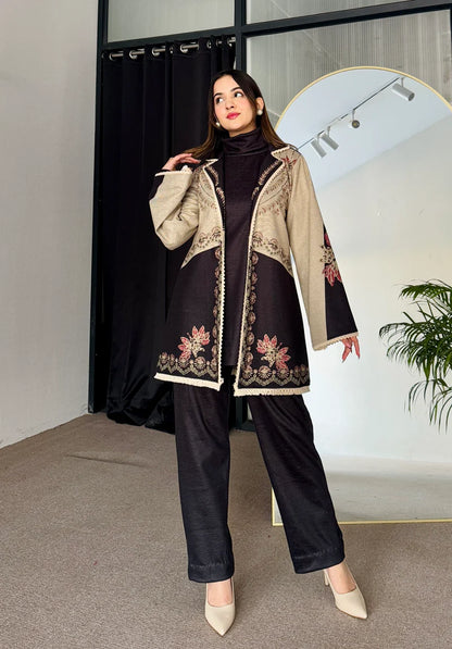 3-piece set with embroidered dark dress, beige outer cape, and black ankle-length pants