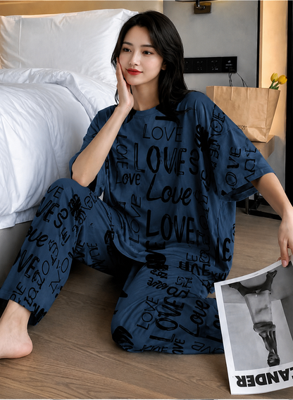 Dark navy blue lounge set with LOVE typography print, short-sleeve top and shorts