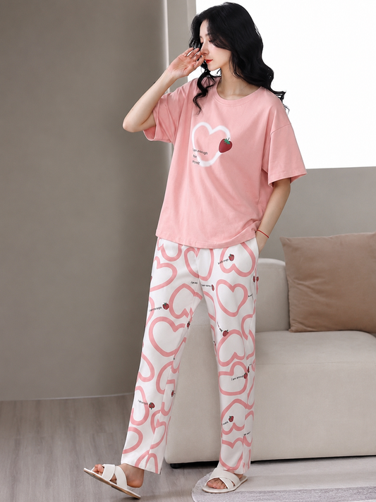 Cotton lounge set with pink heart graphic T-shirt and matching printed pants