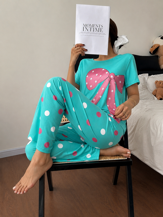 Women's teal nightwear set: short-sleeve top and polka-dot bow bottoms