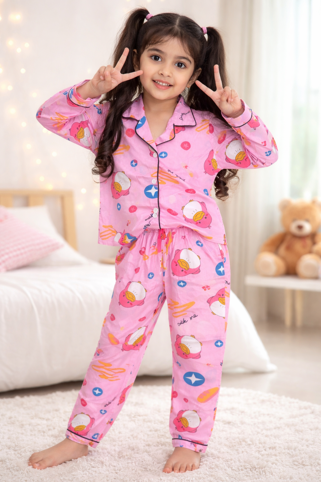 Girls pink cartoon-print pajama set, button-up long-sleeve top and long pants
