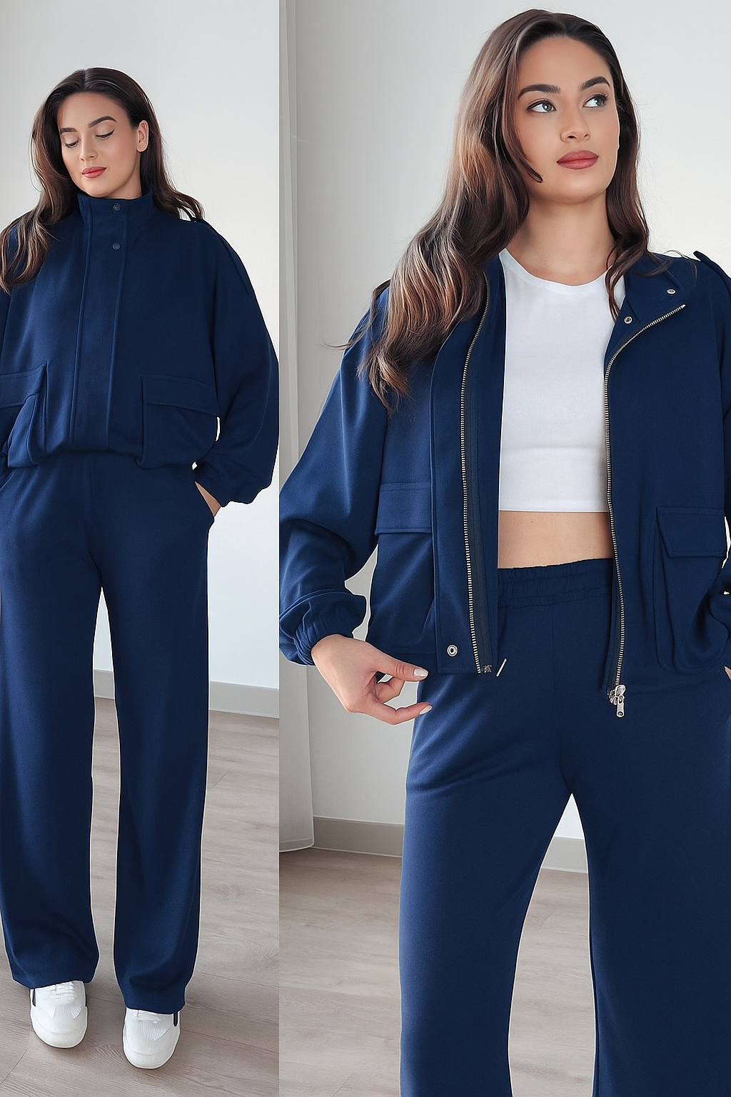 Navy zip-up tracksuit jacket and jogger pants set, elastic cuffs, drawstring waist