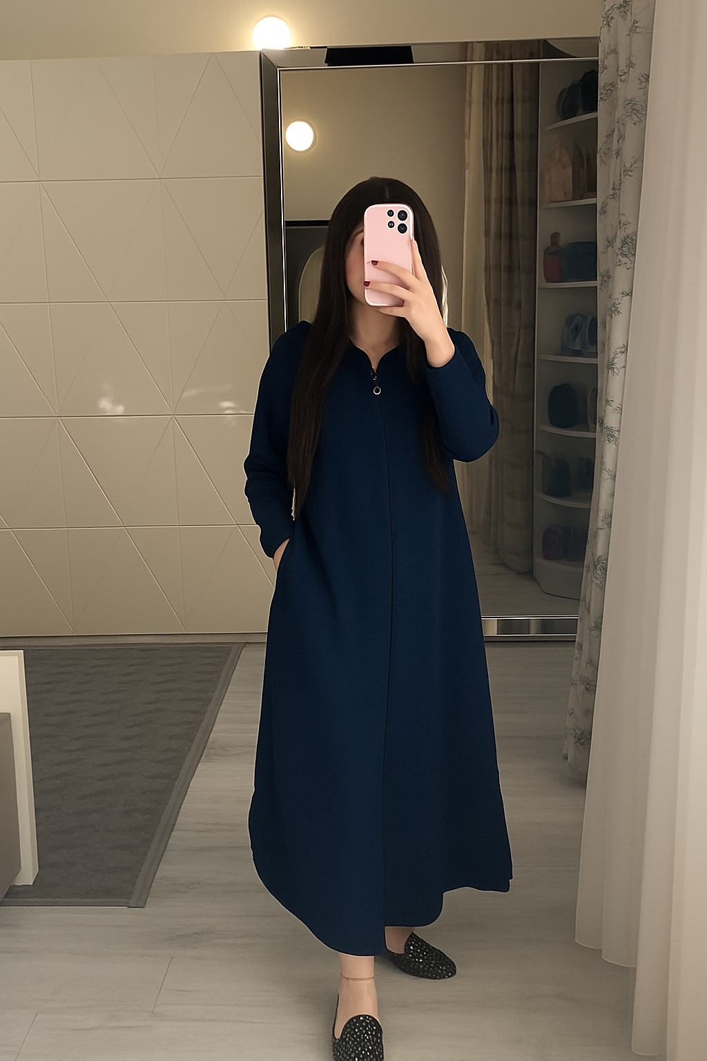 Navy blue long zip hoodie dress with hood, front zipper, and loose maxi length
