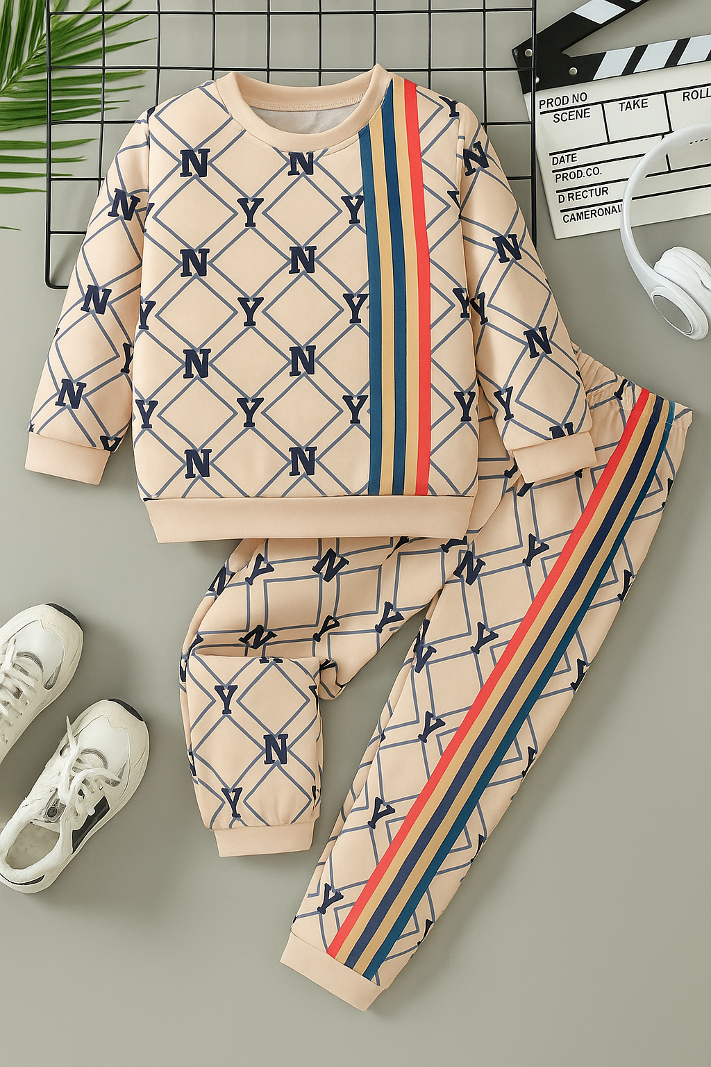 Kids allover print tracksuit set with cream long-sleeve top and striped pants