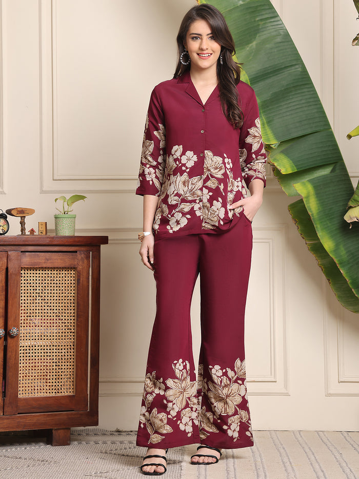 Wine-red floral co-ord set with button-front kurta and wide-leg trousers, 3/4 sleeves