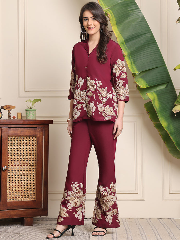 Wine-red floral co-ord set, button-front kurta with matching wide-leg trousers