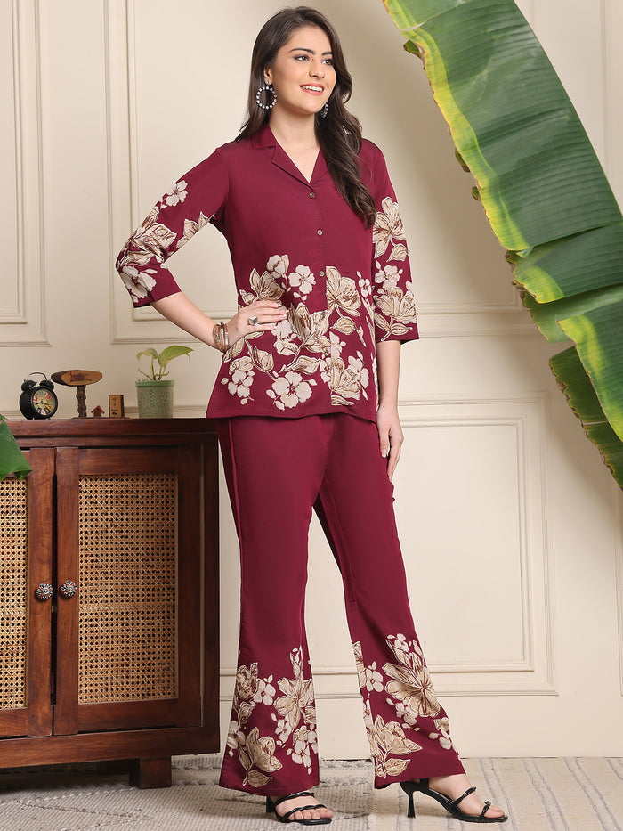 Wine-red floral co-ord set: button kurta and flared trousers with cream flower print