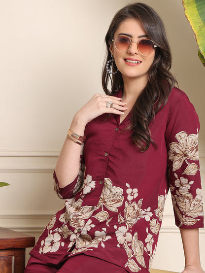 Wine-red floral kurta with button front and cream bloom print, 3/4 sleeves