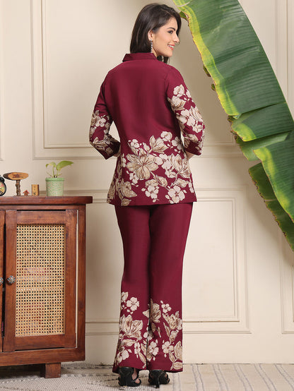 Wine-red floral co-ord set, back view with button-front kurta and wide-leg trousers