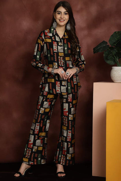 Box-printed cord set with long-sleeve button shirt and matching wide-leg pants, multicolor