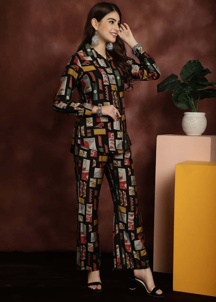 Box-printed cord set with collared long-sleeve shirt and tapered pants, multicolor pattern