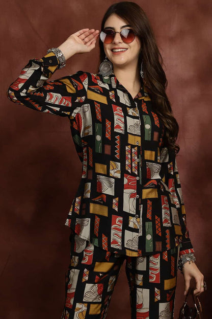 Box-printed cord set with long button-front shirt and pants, multicolor abstract geometric print