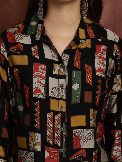 Box-printed cord set shirt detail, black base with geometric boxes and abstract motifs