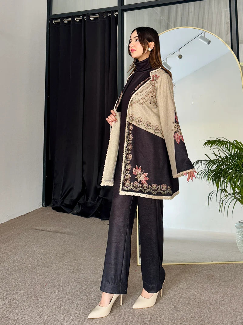 3-piece set with floral-trim dark dress, beige outer layer, relaxed black straight pants