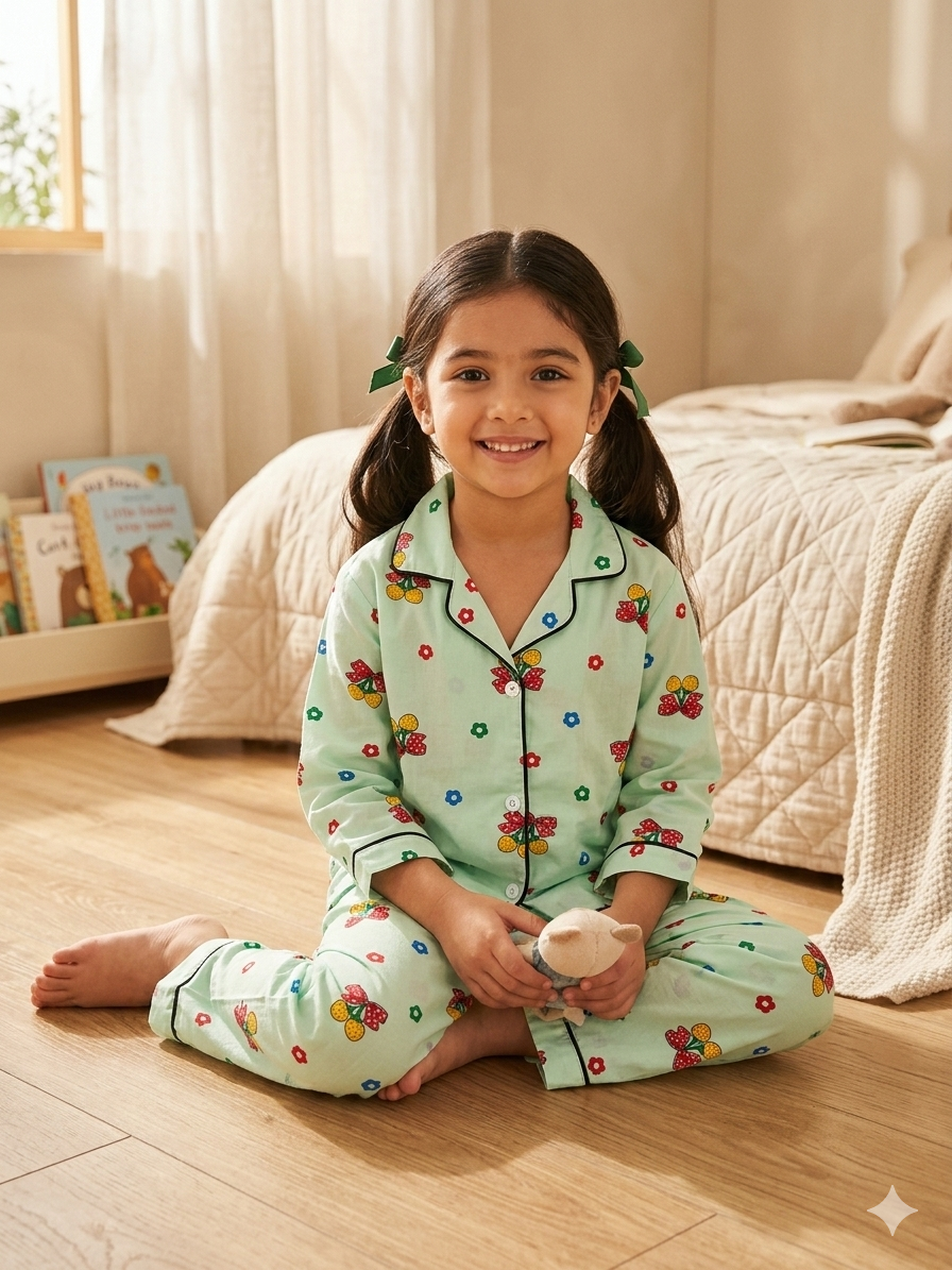 Girls mint green pajama set with button-front top and butterfly print pants
