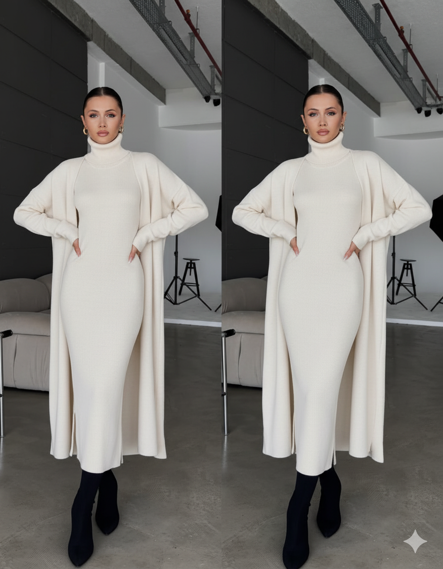 2-piece bodycon dress set, cream sleeveless turtleneck with open long-sleeve wrap