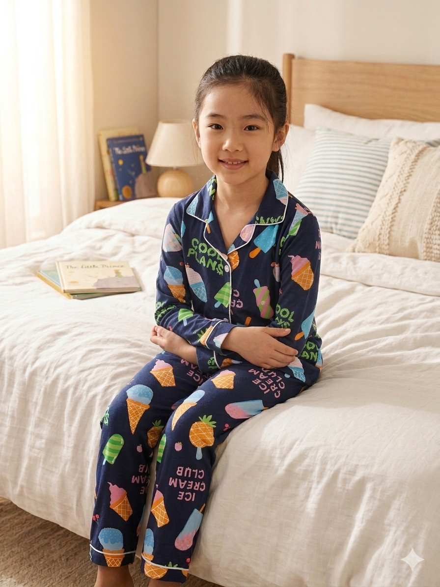 Kids girls navy ice cream print night suit, long sleeves and pants