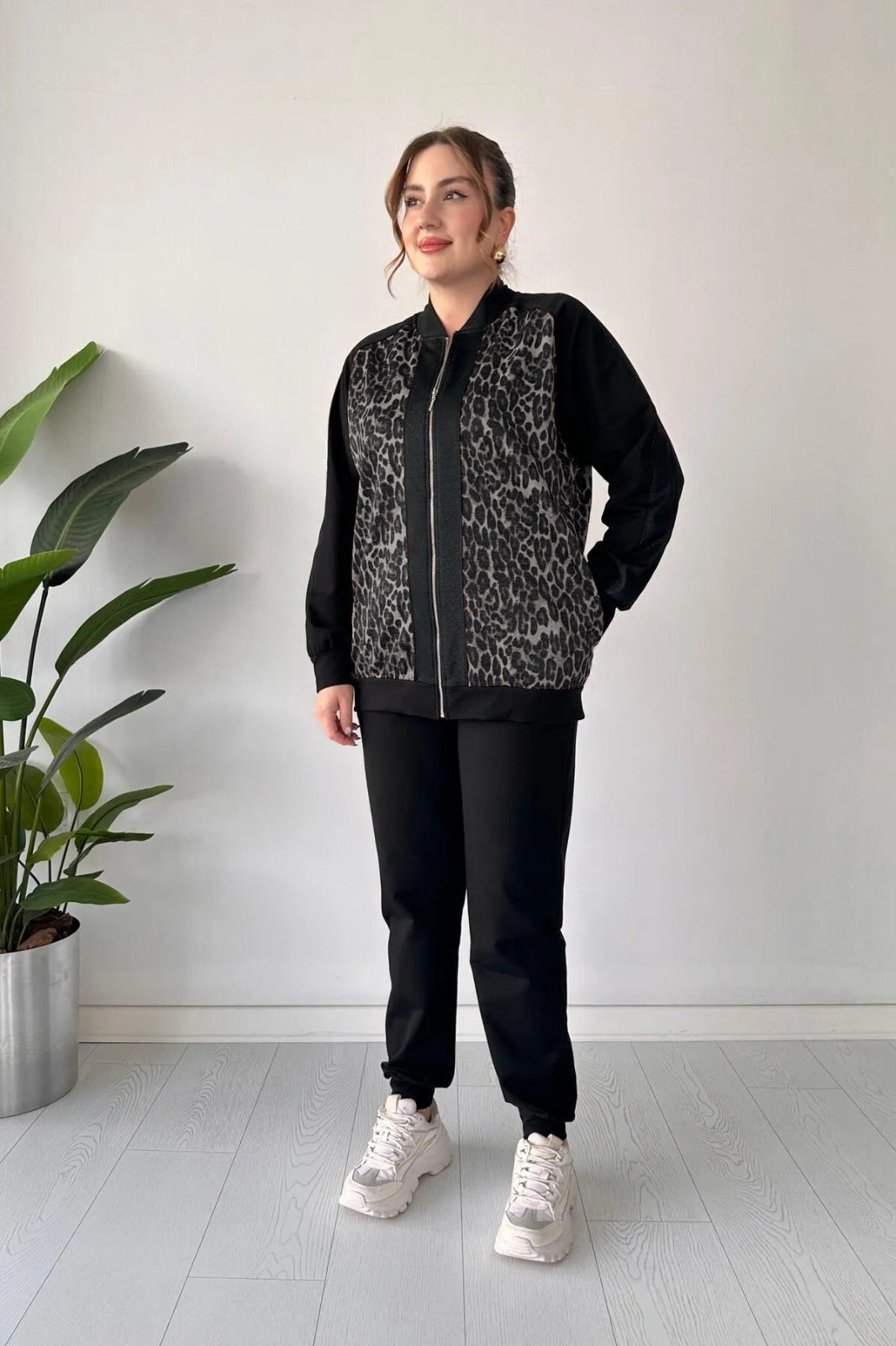 Gray leopard-printed zip tracksuit set with jogger pants