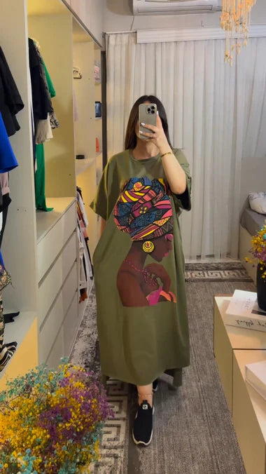 Long loose printed top tee, olive-green with colorful graphic front