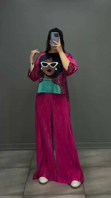 Magenta silk-printed co-ord set with wide-leg pants and long-sleeve top