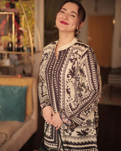 Floral print long-sleeve tunic with front button placket and matching cropped pants