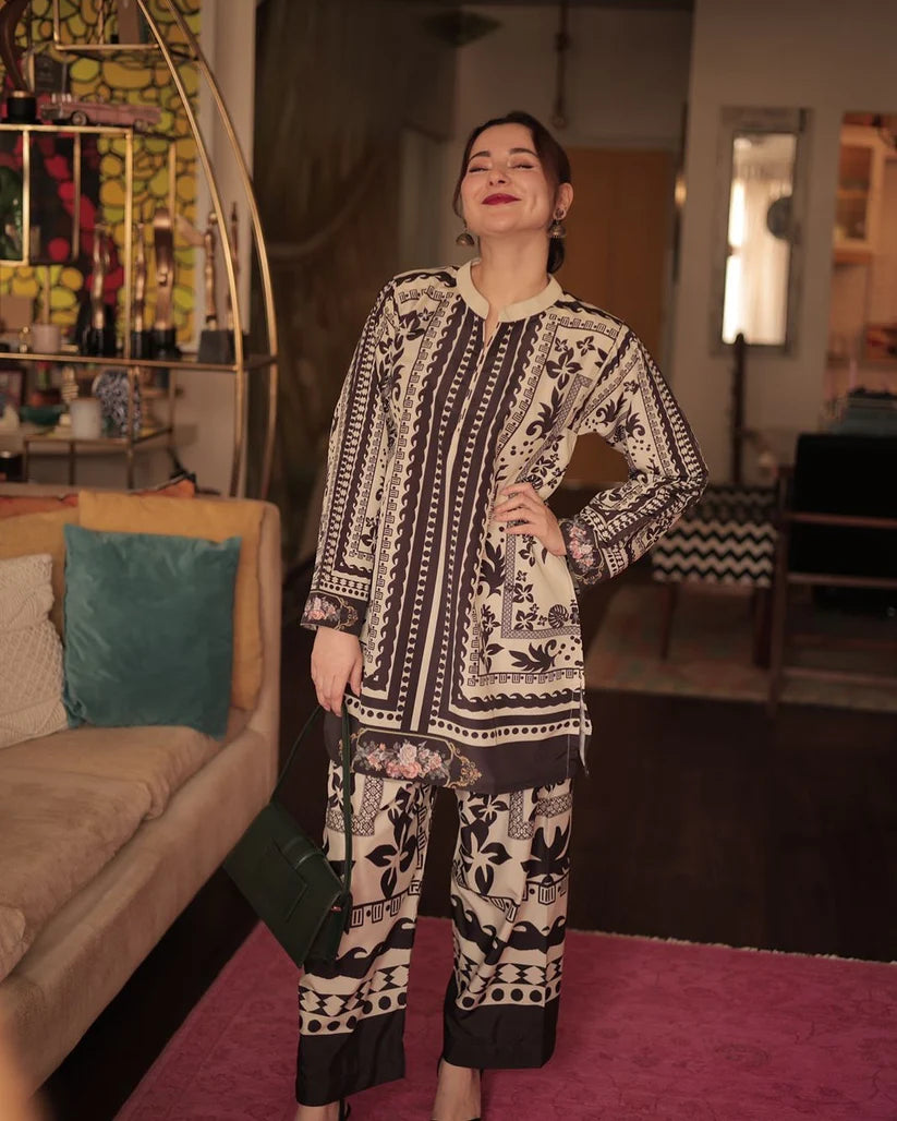 Matching tunic and cropped pants co-ord set with cream, dark floral and stripe panels